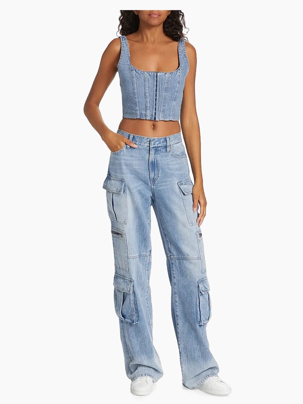 Alice + Olivia Cay Baggy Denim Cargo Pants Jeans Brea Blue Wide Leg Size 24